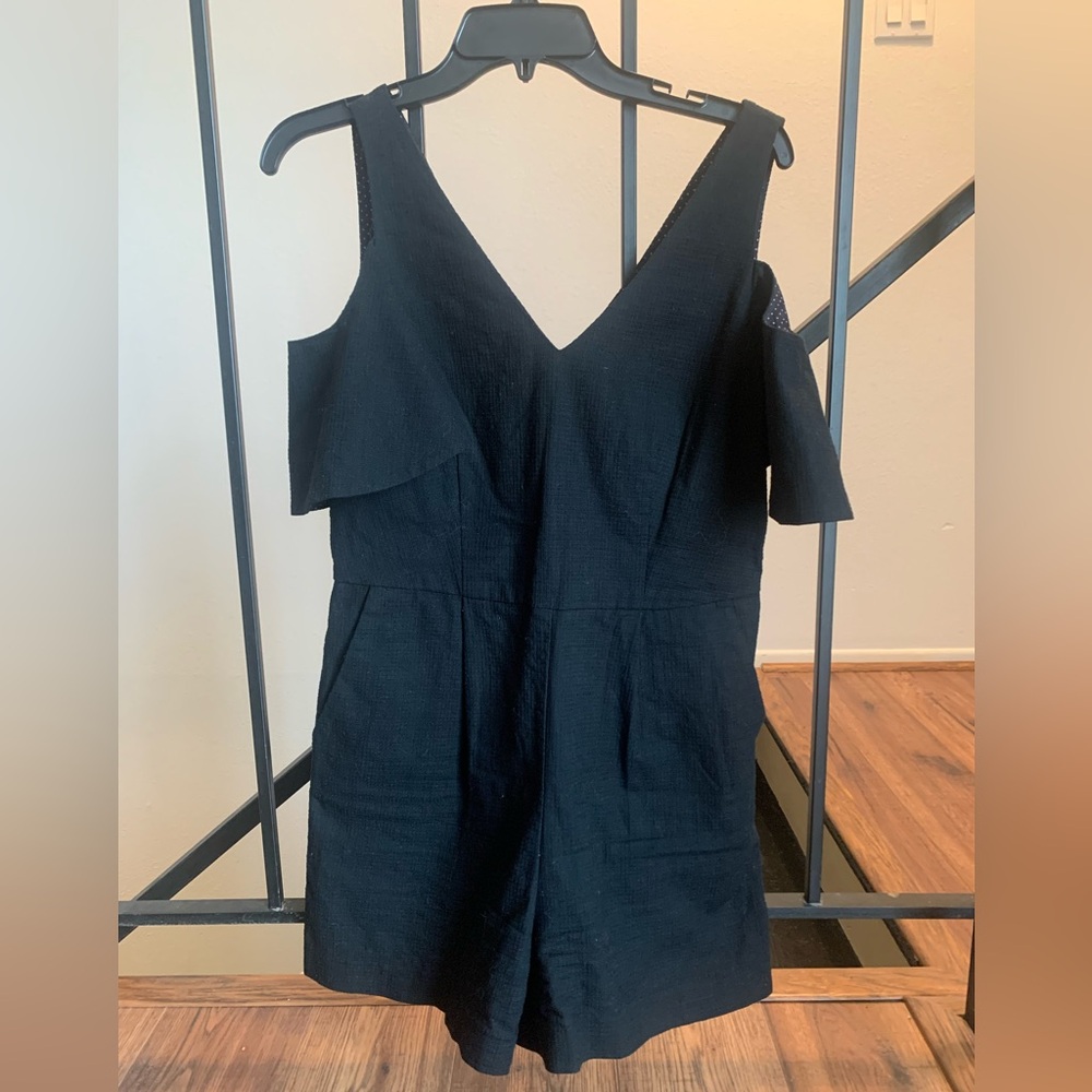 Anthropologie Chic Black Romper With Pockets And Pink Polka Dot Details
